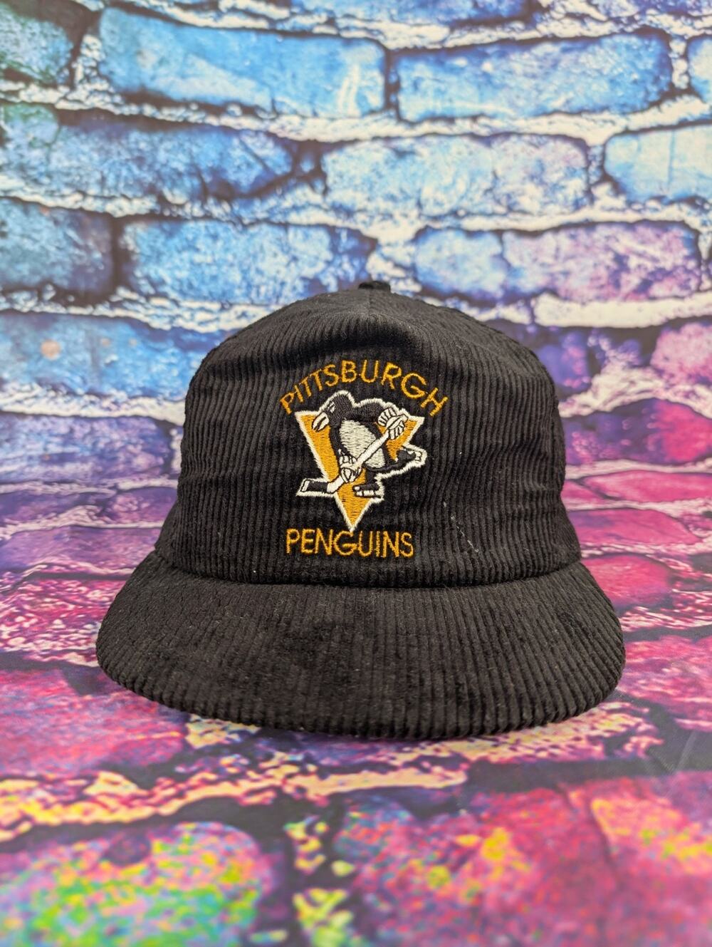 Vintage Pittsburgh Penguins Strapback Cap Corduroy Stitched Logo Black P Hat